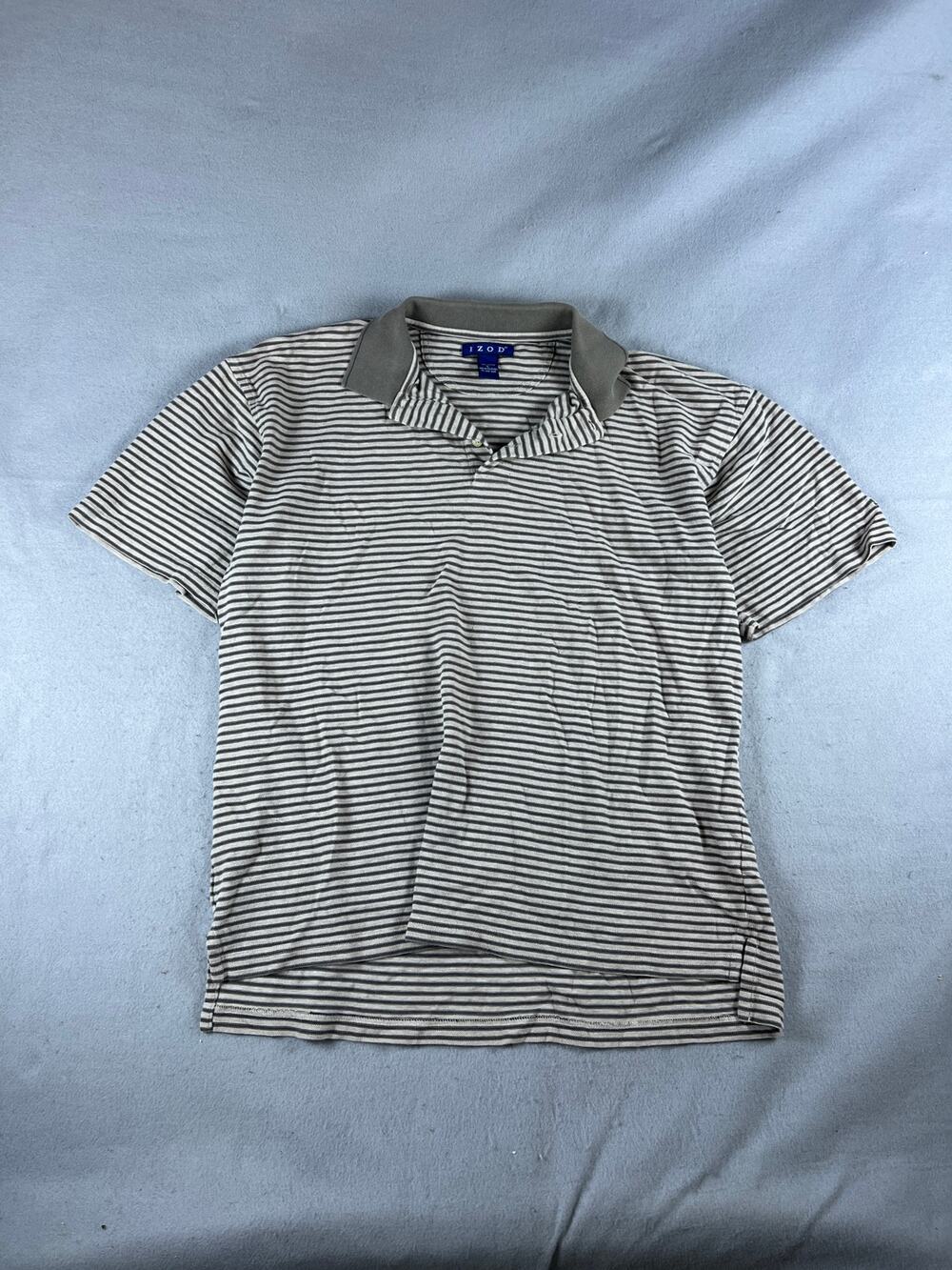 IZOD Polo Shirt Men L Beige Green Short Sleeve Striped Preppy Golf Outdoor Sport
